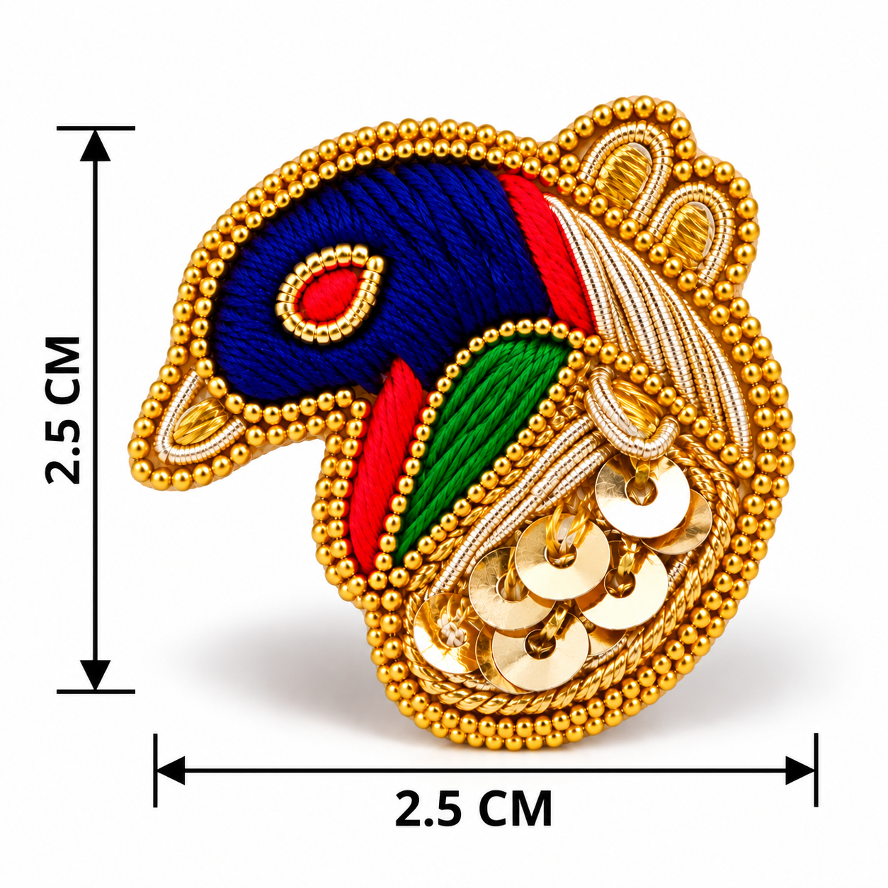 Embroidered Peacock Applique with Measurements Royal Peacock Embroidered Embellishment – 2.5 cm - Image 1
