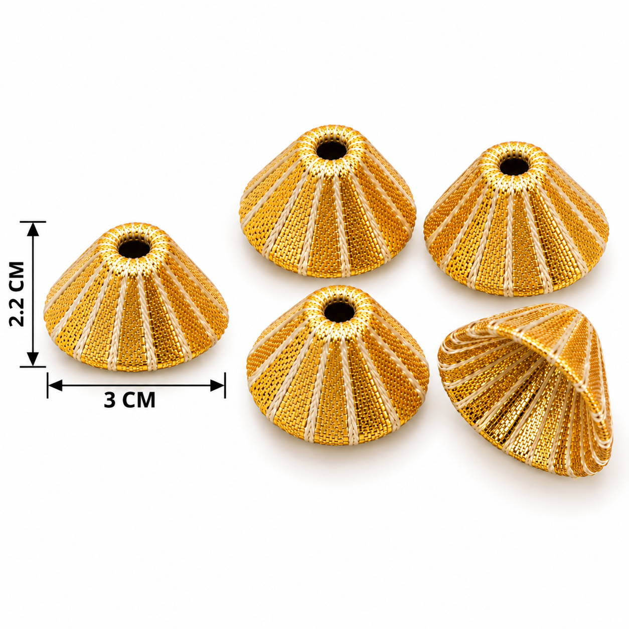 Golden Ribbed Beads with Size Diagram (1) Golden Gota Cone Bead Caps - Image 1